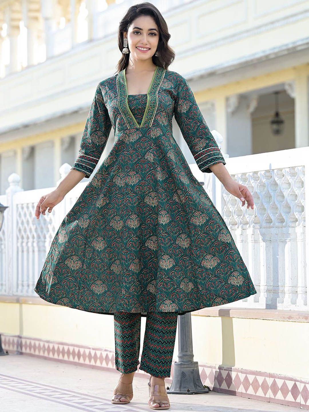 Dhiyona VA Women's Ethnic Motifs Printed Gotta Patti Cotton Kurta with Trousers & Dupatta