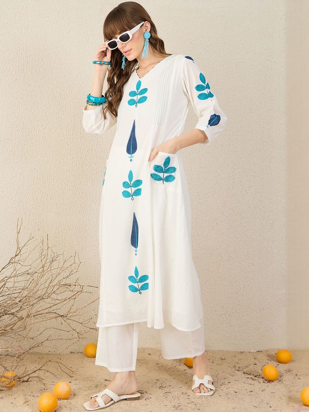 Floral Printed Panelled V-Neck Mirror Work A-Line Pure Cotton Kurta with Palazzos