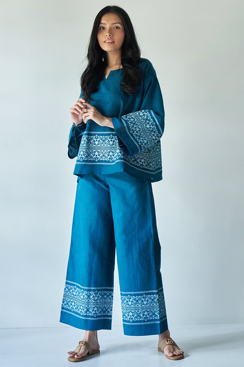 Women's At Ease Teal Blue Cotton Satin Co-ord Set