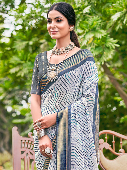 Women's Chiffon Grey Printed Designer Saree With Blouse Piece