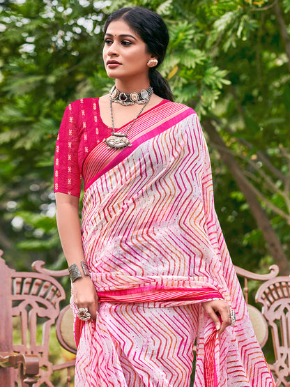 Women's Chiffon Pink Printed Designer Saree With Blouse Piece