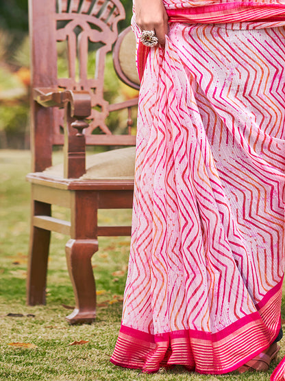 Women's Chiffon Pink Printed Designer Saree With Blouse Piece