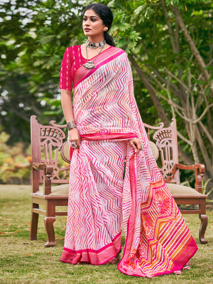 Women's Chiffon Pink Printed Designer Saree With Blouse Piece