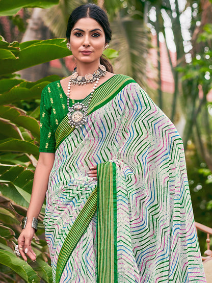Women's Chiffon Green Printed Designer Saree With Blouse Piece