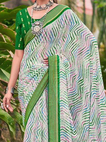 Women's Chiffon Green Printed Designer Saree With Blouse Piece