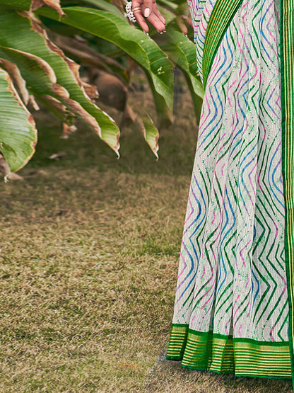 Women's Chiffon Green Printed Designer Saree With Blouse Piece