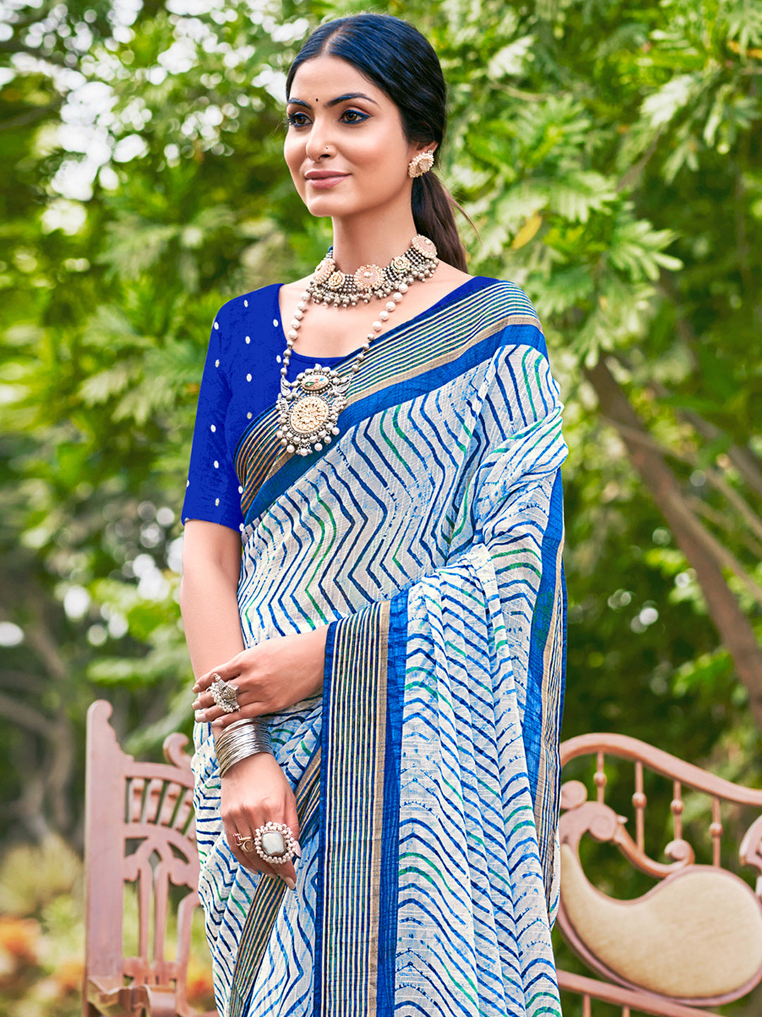 Women's Chiffon Blue Printed Designer Saree With Blouse Piece