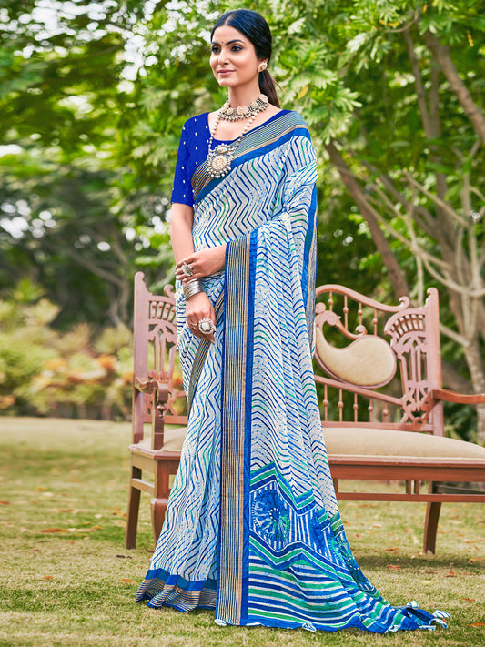 Women's Chiffon Blue Printed Designer Saree With Blouse Piece