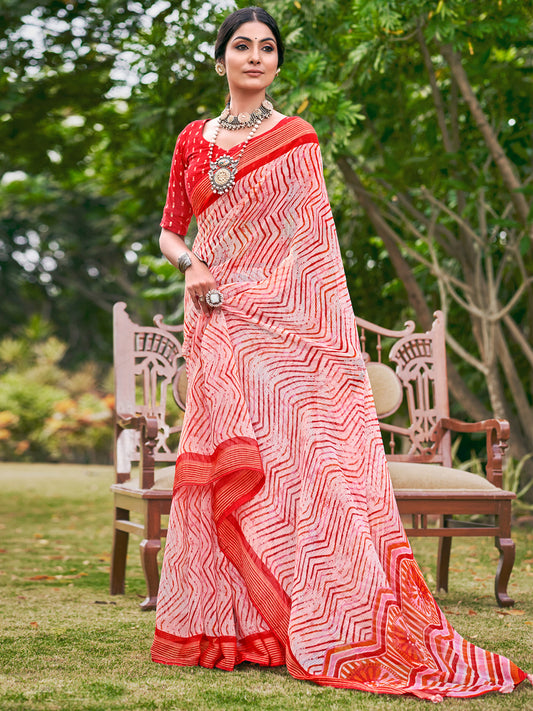 Women's Chiffon Red Printed Designer Saree With Blouse Piece