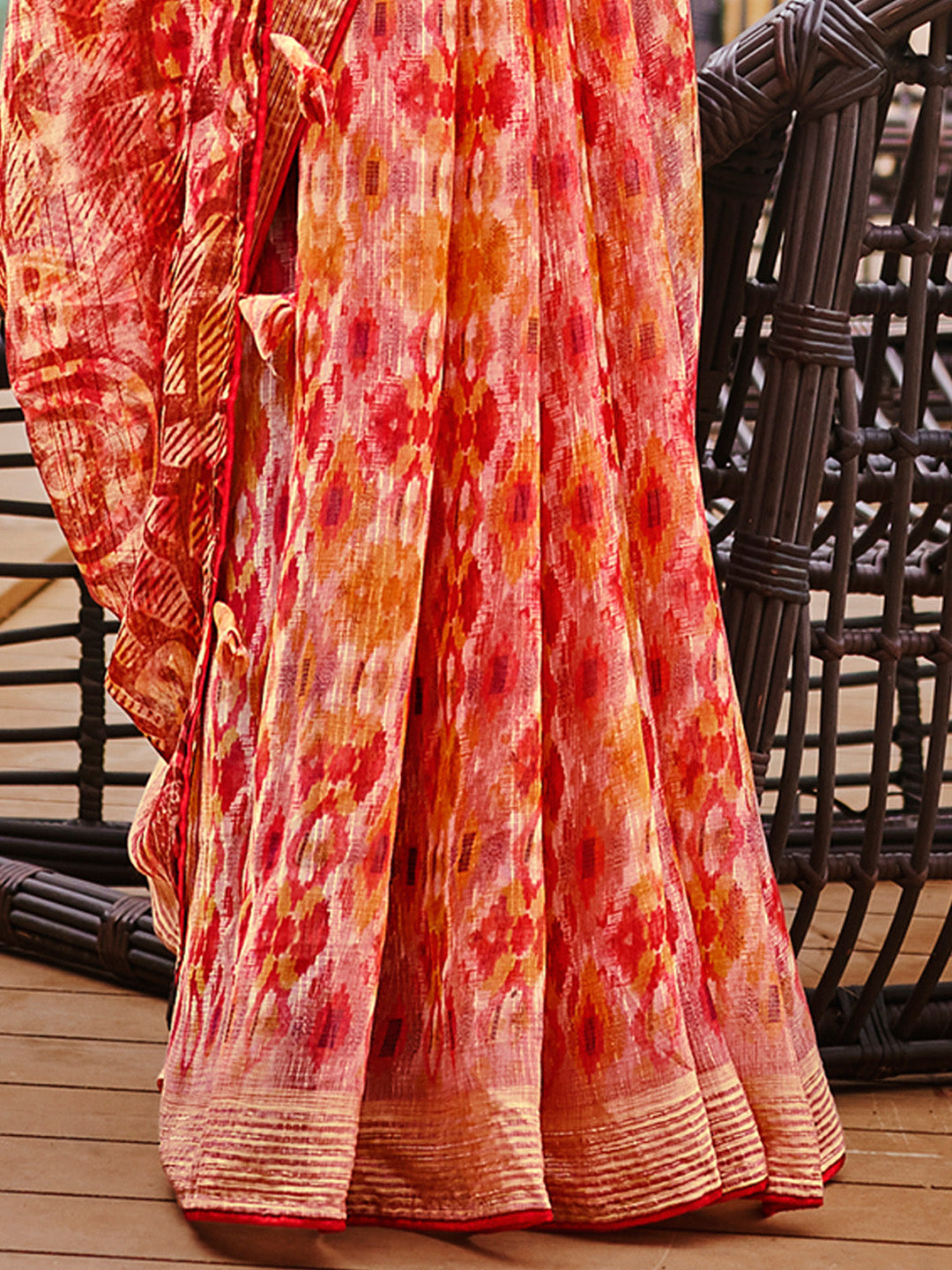 Women's Pure Chiffon Red Embellished Designer Saree With Blouse Piece