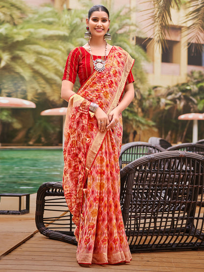 Women's Pure Chiffon Red Embellished Designer Saree With Blouse Piece