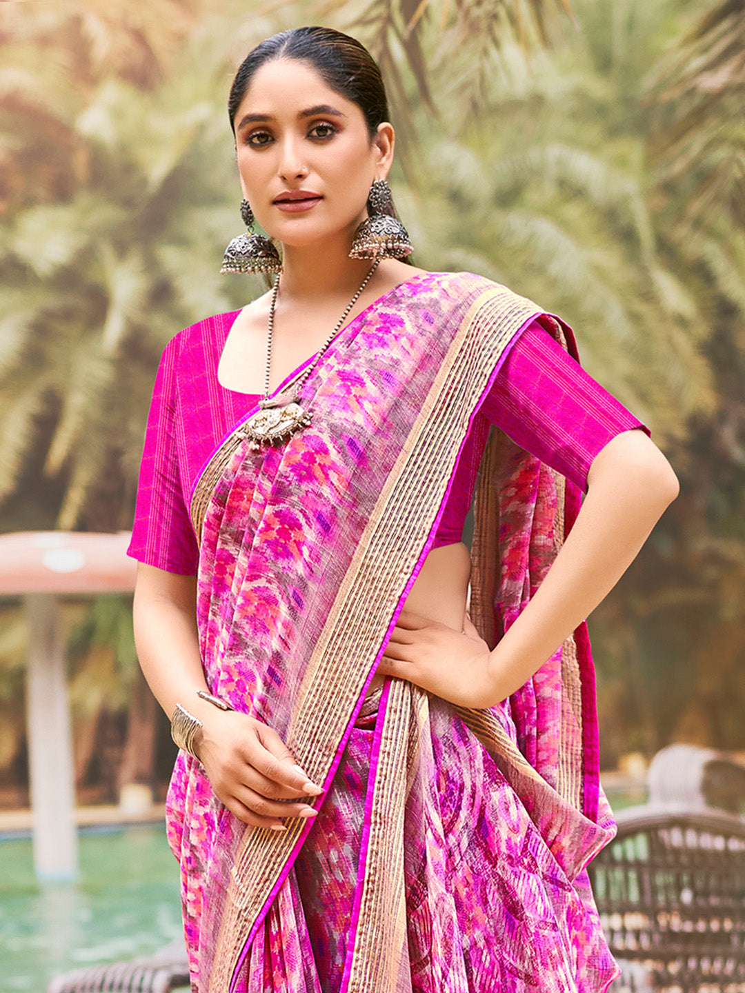 Women's Pure Chiffon Pink Embellished Designer Saree With Blouse Piece