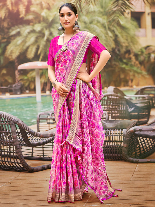 Women's Pure Chiffon Pink Embellished Designer Saree With Blouse Piece
