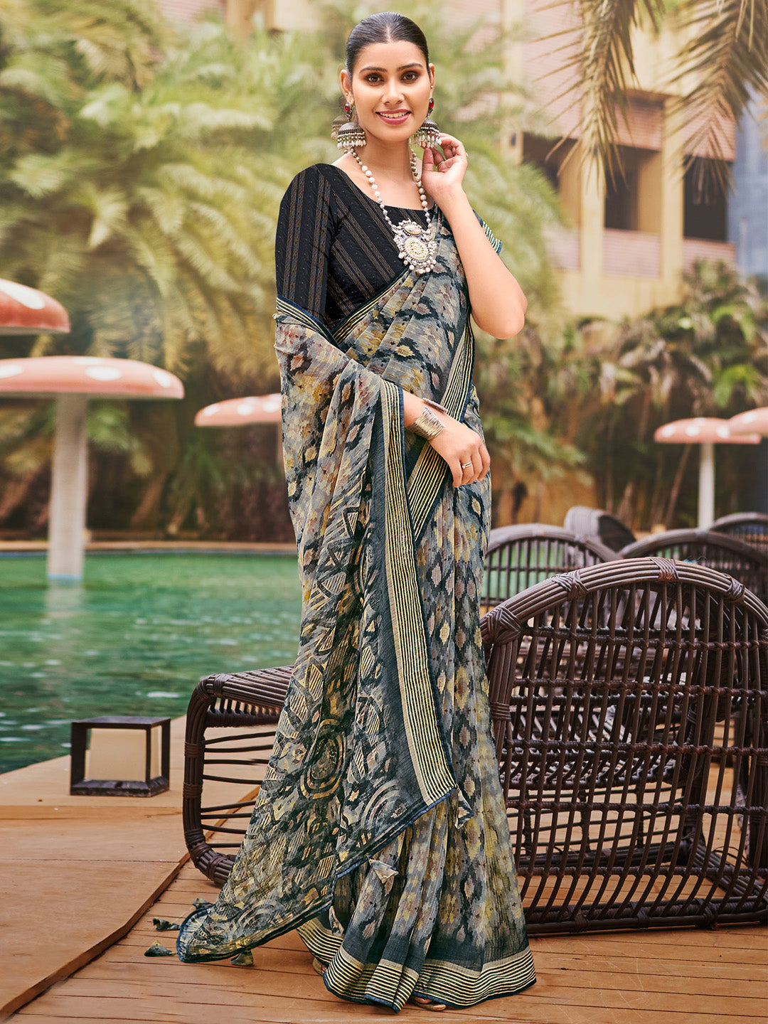 Women's Pure Chiffon Black Embellished Designer Saree With Blouse Piece