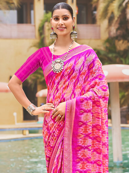 Women's Pure Chiffon Pink Embellished Designer Saree With Blouse Piece