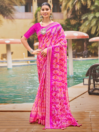 Women's Pure Chiffon Pink Embellished Designer Saree With Blouse Piece