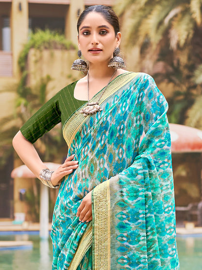 Women's Pure Chiffon Green Embellished Designer Saree With Blouse Piece