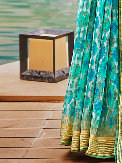 Women's Pure Chiffon Green Embellished Designer Saree With Blouse Piece