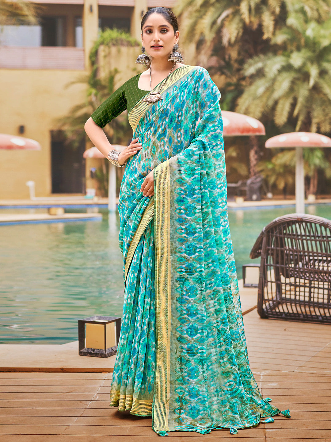 Women's Pure Chiffon Green Embellished Designer Saree With Blouse Piece