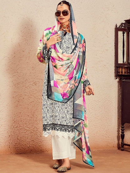 Women Floral Printed Regular Thread Work Kurta with Trousers & With Dupatta