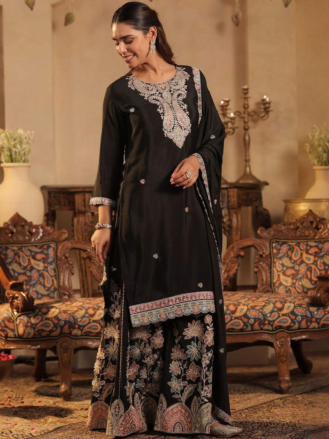 Women Paisley Embroidered Regular Sequinned Straight Kurta with Palazzos &Dupatta