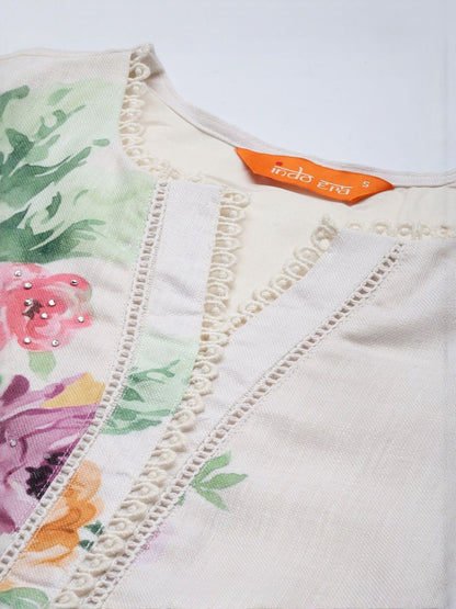 Floral Printed Regular Linen Kurta With Trouser And Dupatta
