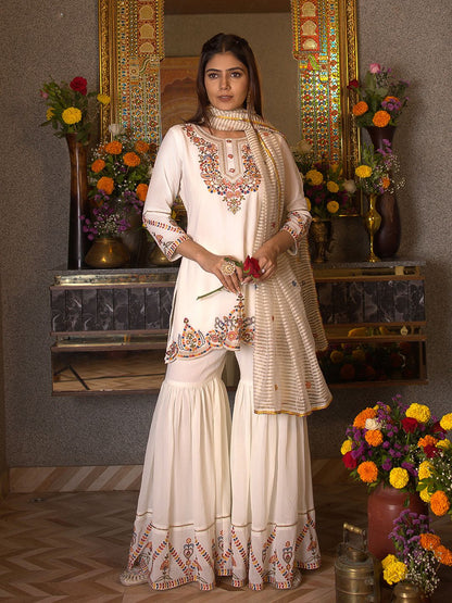 Dhiyona CH Georgette Embroidered Kurta Set with Sharara and Dupatta