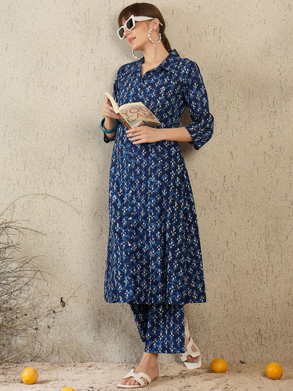Dhiyona IE Women Printed Shirt Collar Cotton Top and Trousers Co-Ords