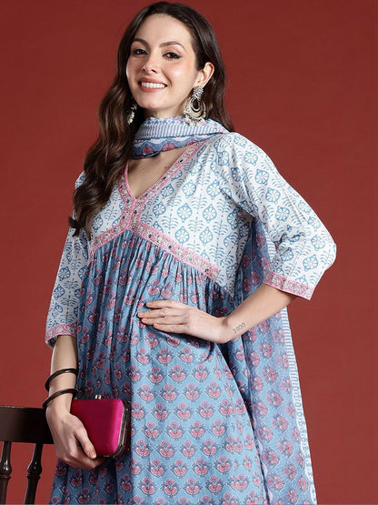 Women Ethnic Motifs Printed Empire Mirror Work Pure Cotton Kurta with Trousers & With Dupatta