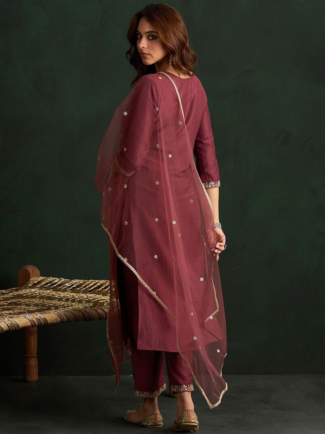 Floral Embroidered Straight Kurta with Trousers & Dupatta