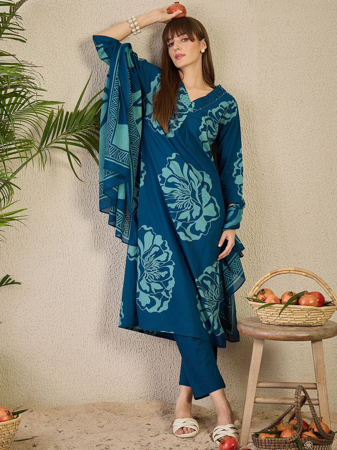 Dhiyona IE Women's Adults-Women Floral Printed Cotton A-Line Kurta with Trousers & Dupatta