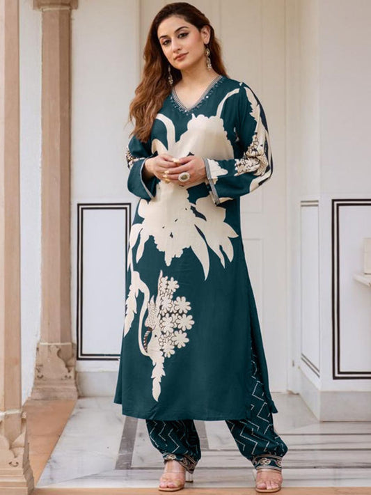 Dhiyona IE Women Floral Printed Regular Sequinned Kurta with Salwar