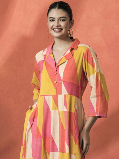 Dhiyona SN Women's Colourblocked Shirt Collar A-Line Pure Cotton Kurta With Trousers