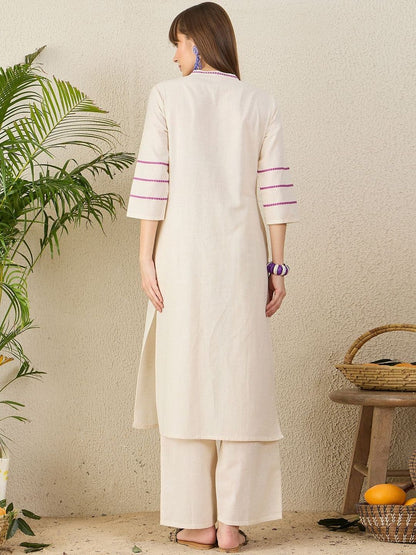 Floral Yoke Design Mandarin Collar Thread Work Straight Kurta & Palazzos