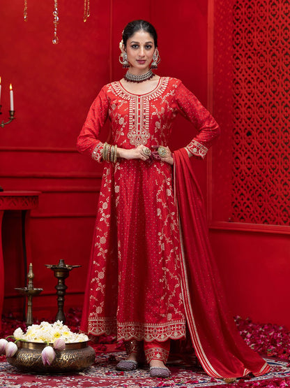 Dhiyona CH Floral Embroidered Panelled Anarkali Kurta with Trousers & Dupatta