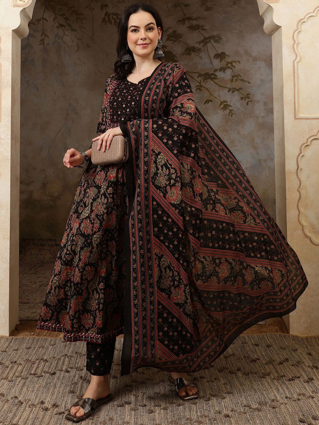 Dhiyona SN Women's Black Floral Printed Pure Cotton Anarkali Kurta With Trousers & Dupatta
