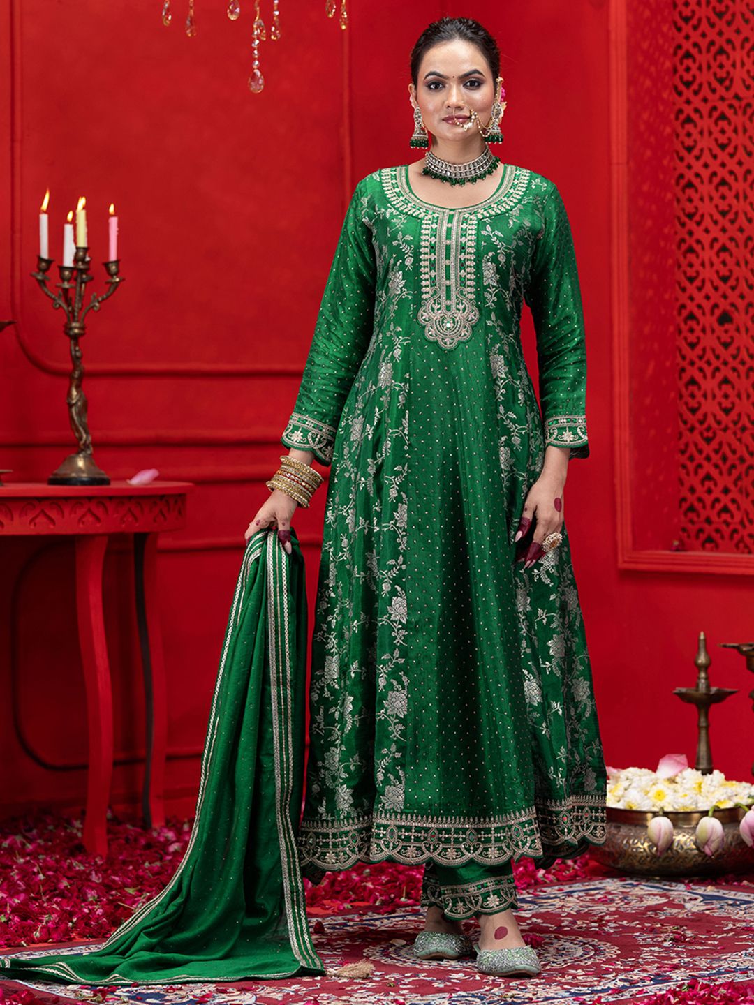 Dhiyona CH Women Ethnic Motifs Embroidered Pleated Kurta with Trousers & Dupatta