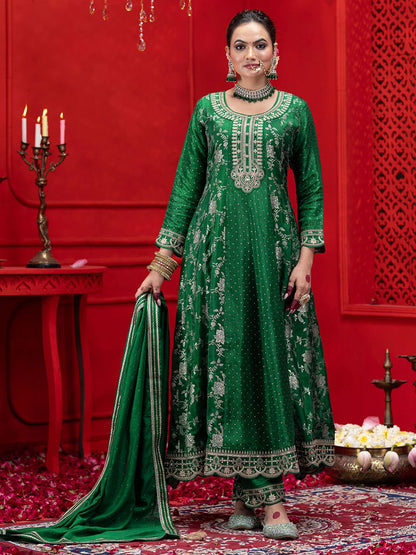 Dhiyona CH Women Ethnic Motifs Embroidered Pleated Kurta with Trousers & Dupatta