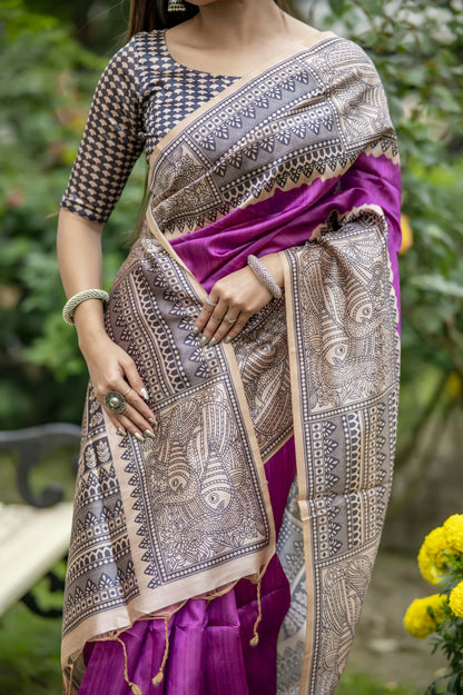 Women Yogita Madhubani 3 Wine Saree With Unstiched Blouse