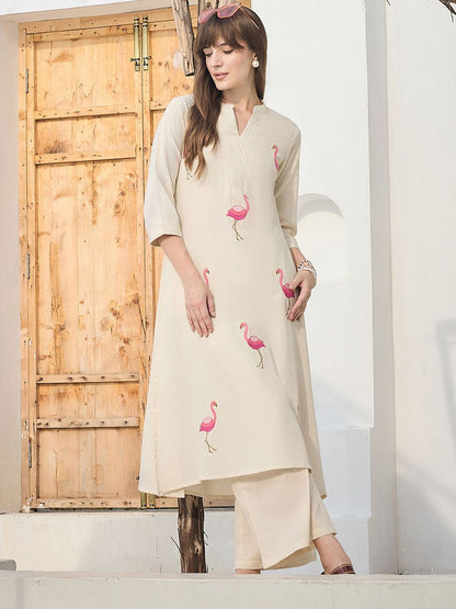 Dhiyona IE Floral Printed Pure Cotton Mandarin Collar Tunic With Trousers