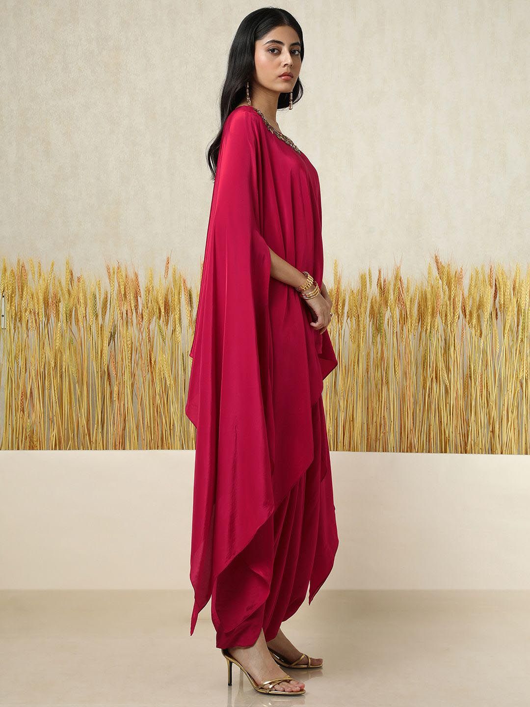 Dhiyona SO Women's Floral Yoke Design Layered Beads and Stones Top With Dhoti Pants & Inner