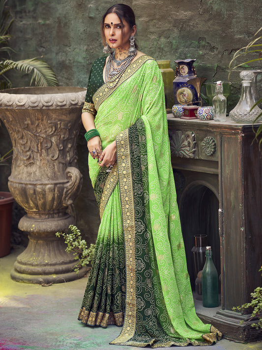 Women's Georgette Light Green Embellished Designer Saree With Blouse Piece