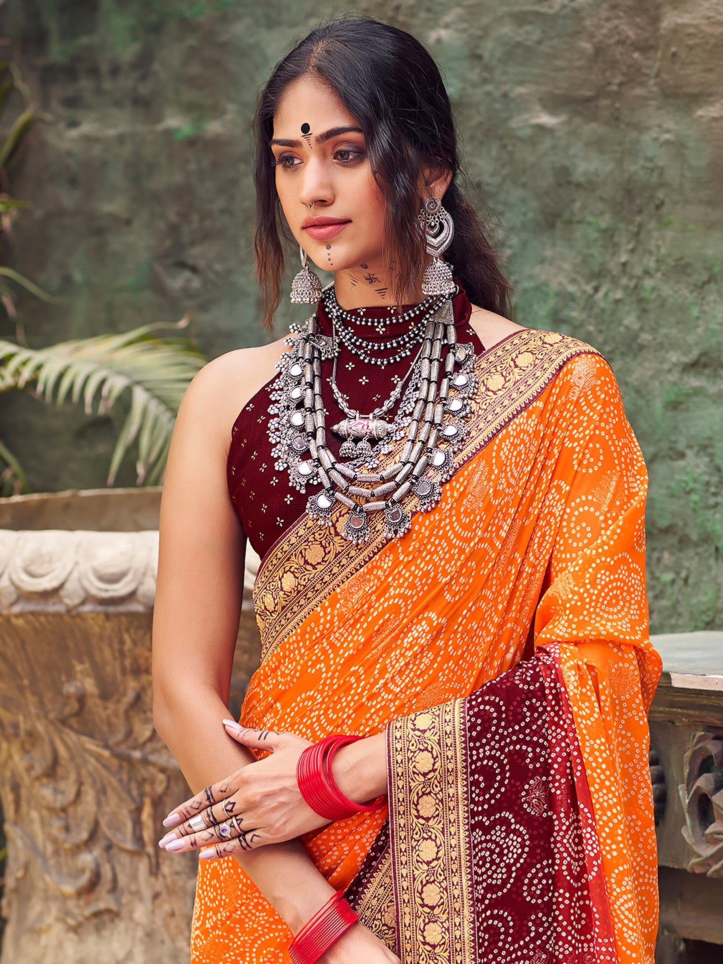 Women's Georgette Orange Embellished Designer Saree With Blouse Piece