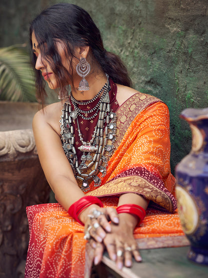 Women's Georgette Orange Embellished Designer Saree With Blouse Piece