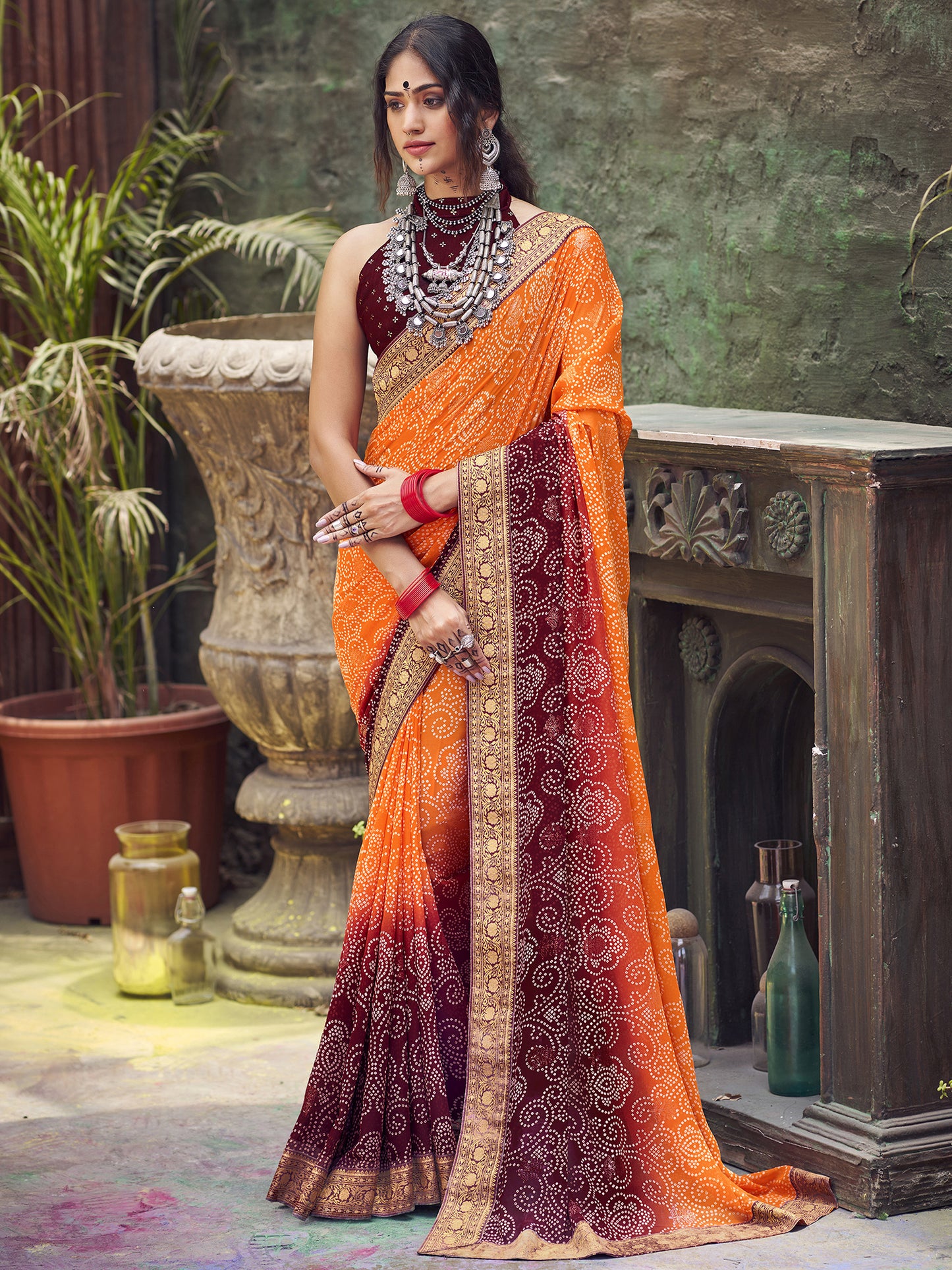 Women's Georgette Orange Embellished Designer Saree With Blouse Piece