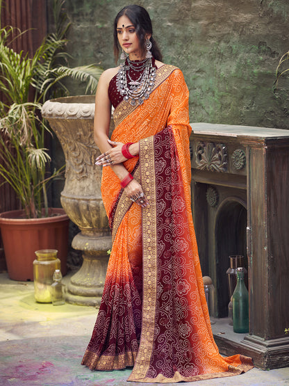 Women's Georgette Orange Embellished Designer Saree With Blouse Piece