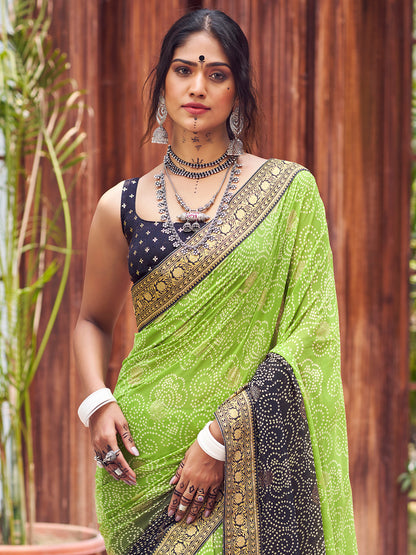 Women's Georgette Light Green Embellished Designer Saree With Blouse Piece