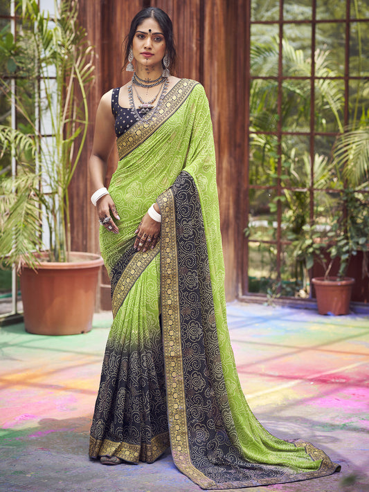 Women's Georgette Light Green Embellished Designer Saree With Blouse Piece