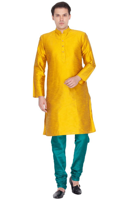 Men's Gold Silk Blend Straight Kurta Pyjama Set