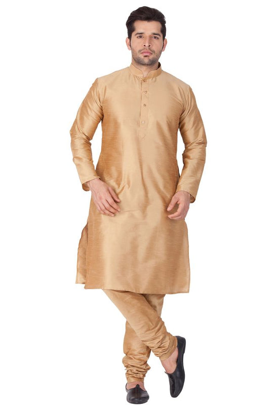 Men's Gold Silk Blend Straight Kurta Pyjama Set